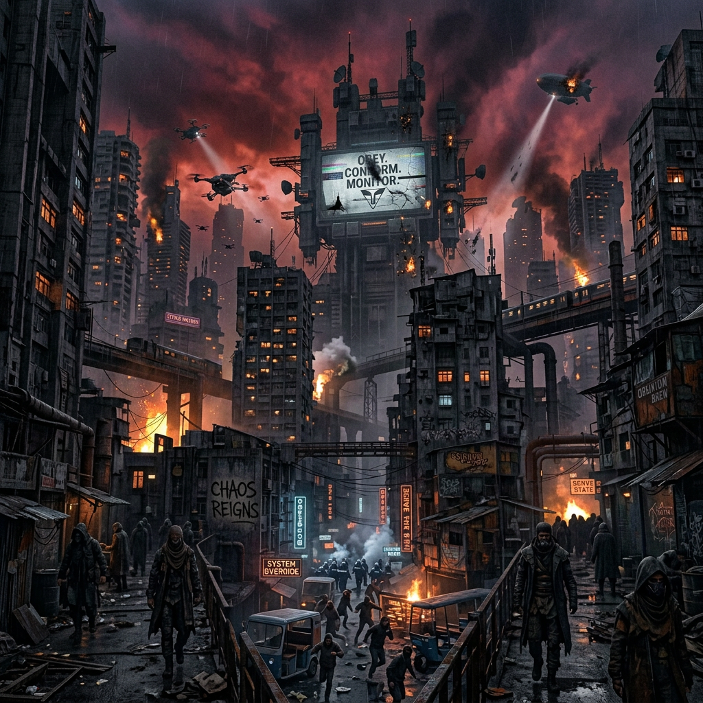 Dystopian city with crowds, surveillance towers, drone, airship, and billboard reading “OBEY. CONFORM. MONITOR.”