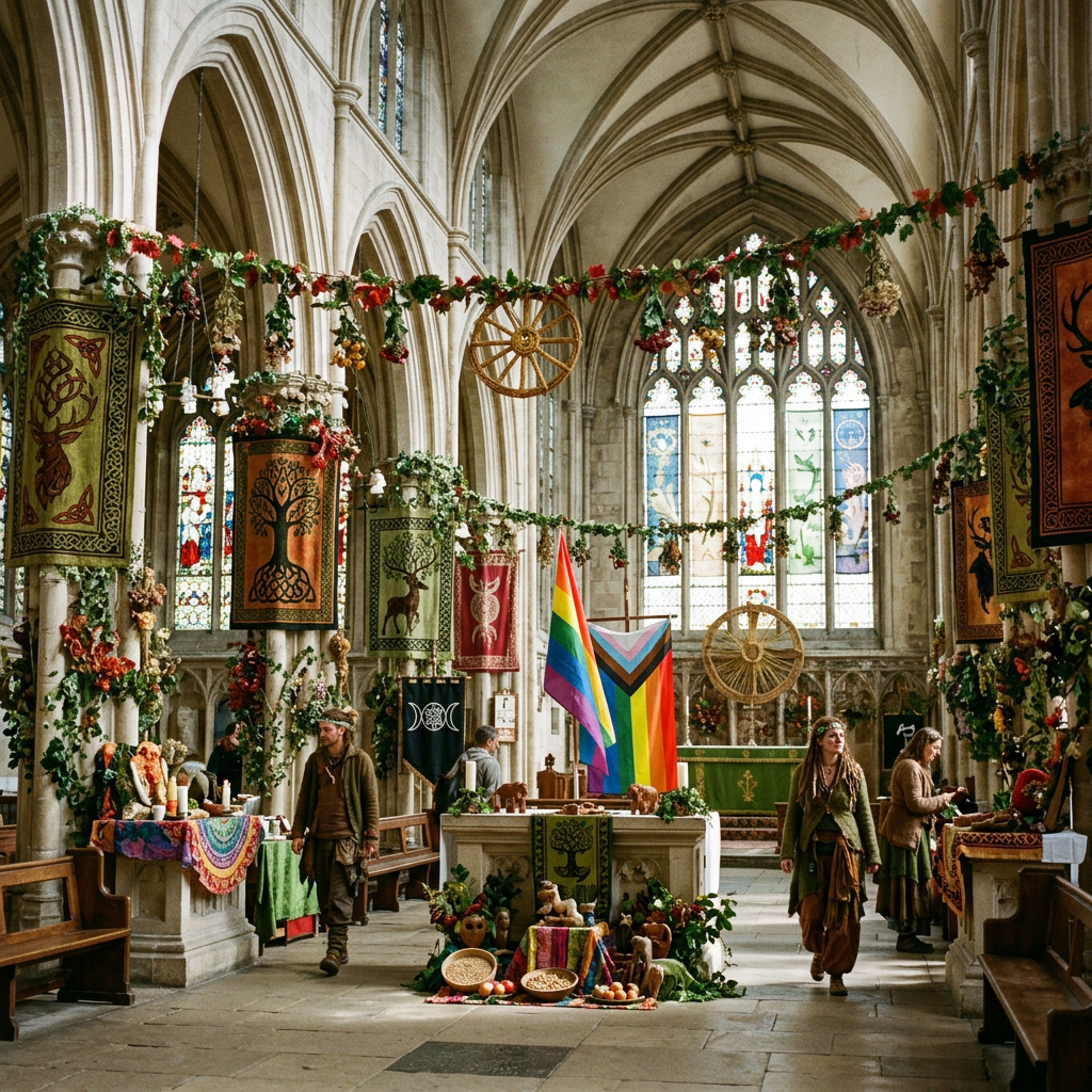 Harvest festival with banners, food, and a Progress Pride flag inside a cathedral