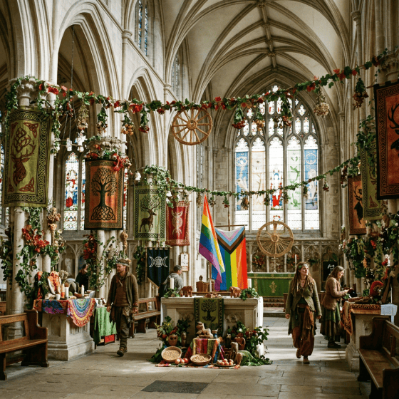 Harvest festival with banners, food, and a Progress Pride flag inside a cathedral